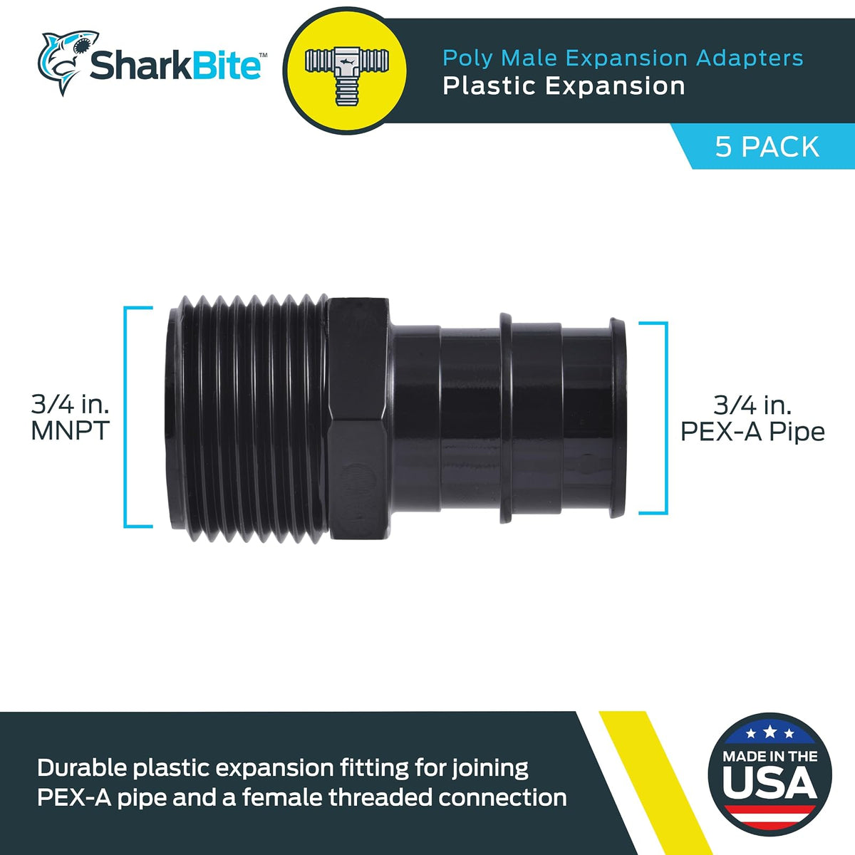 SharkBite - Adaptador de expansión de polietileno MNPT de 3/4 x 3/4 pulgadas para tubería PEX-A, paquete de 5, accesorios de plomería de plástico, adaptador macho para tubería PEX-A, UA134A5