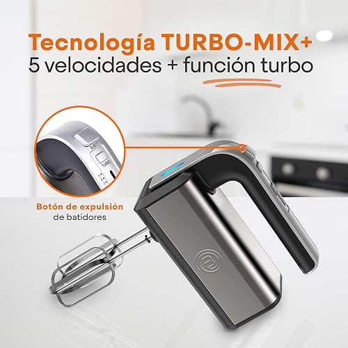 Hukën x MasterChef | Batidora de Mano MIX+ 300W | 5 Velocidades + Función Turbo | Tecnología Turbo Mix | Acero Inoxidable | Botón Expulsor | Luz LED de Encendido | 2 Batidores + 2 Ganchos para Amasar