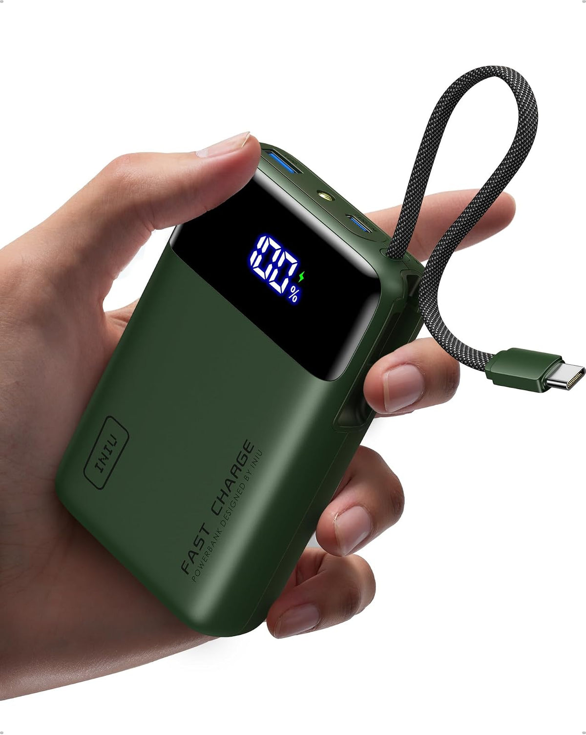 INIU Power Bank 20000mAh con Cable USB-C Integrado, Carga Rápida 45W - Verde