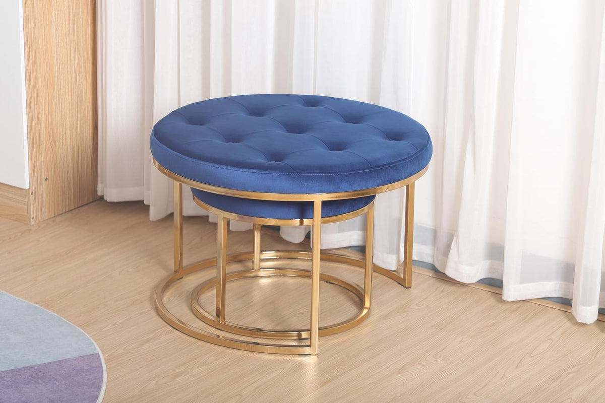 Sochic Set de Taburetes Redondos Tapizados en Terciopelo Azul con Base de Hierro y Patas de Metal Galvanizado