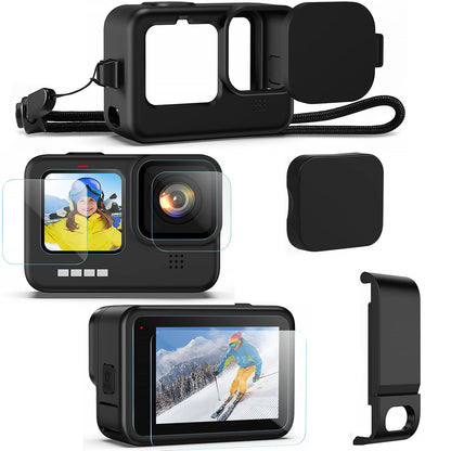 Kuptone Funda de silicona para GoPro Hero 11 Hero 10 Hero 9, 6 protectores de visualización de vidrio templado + puerta lateral + tapas de lente para Go Pro Hero 11/10/9 Kit de accesorios