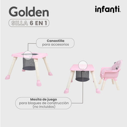 INFANTI | Silla Alta GOLDEN 6 en 1 | Bandeja Desmontable | Mesa Interactiva | Canasta para Accesorios | 6-36 Meses o Hasta 15 kg | Color Rosa