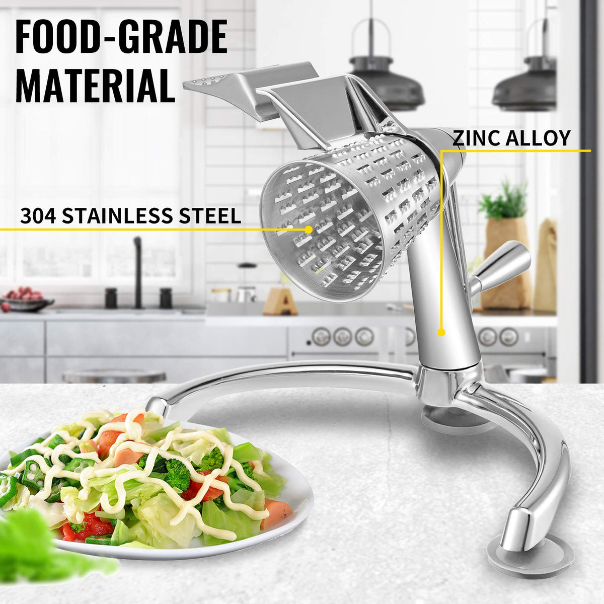 VEVOR - Rallador rotatorio de queso, mandolina rotativa de aleación de zinc, mandolina de queso manual con 5 conos de corte de acero inoxidable, rallador manual de verduras con tazón de 2,5 L, trituradora rotativa con base de succión