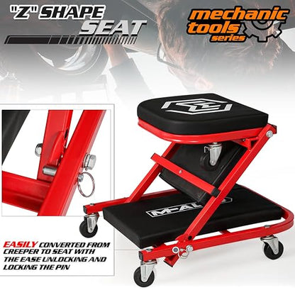 M-Auto Asiento Plegable de 40 Pulgadas, Silla de cochera Ajustable Todo en uno, para tumbarse o Sentarse, Capacidad de 330 Libras Debajo del Automóvil con 6 Ruedas giratorias, Rojo