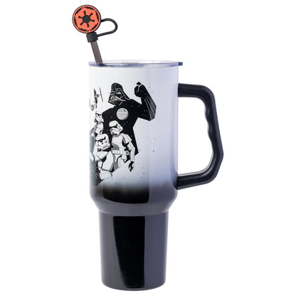 Silver Buffalo Star Wars Hip Street Dark Side Vader - Vaso de acero inoxidable con tapa para popote, tapa, popote y asa, 40 onzas