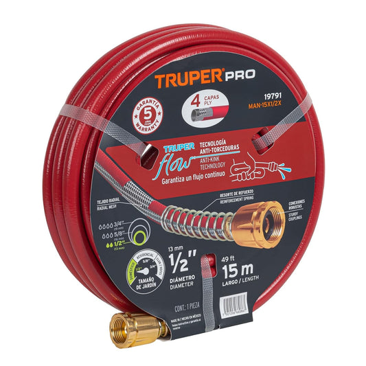 Truper MAN-15X1/2X, Manguera armada super reforzadas 4 capas, conexiones metálicas, 1/2", 15 m