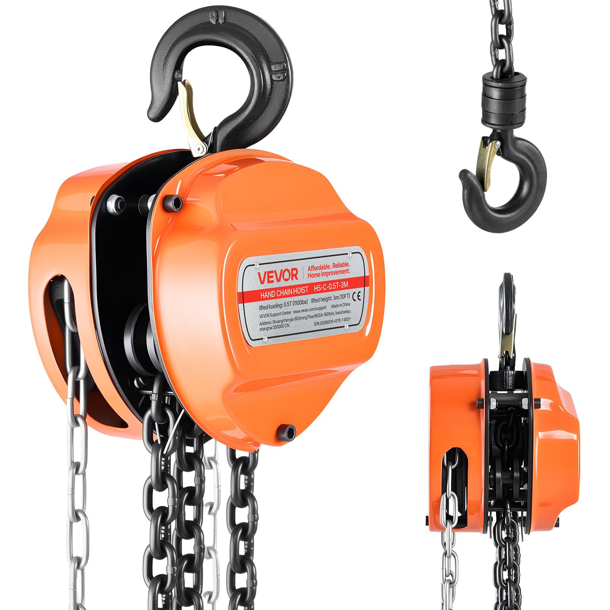 VEVOR Polipasto de Cadena Manual, Polipasto de Polea Resistente con Cadena Galvanizada G80 Mejorada, Altura de Elevación de 3 m Carga de 0,5 T para Garaje, Almacén y Maquinaria Automotriz, Naranja