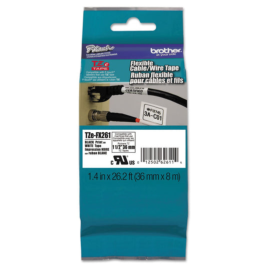 Brother Cinta Laminada Flexible TZe-FX261 para Etiquetado Resistente | Negro sobre Blanco, para Cables y Superficies Irregulares, Ultra Resistente a Altas Temperaturas, Agua y Productos Químicos