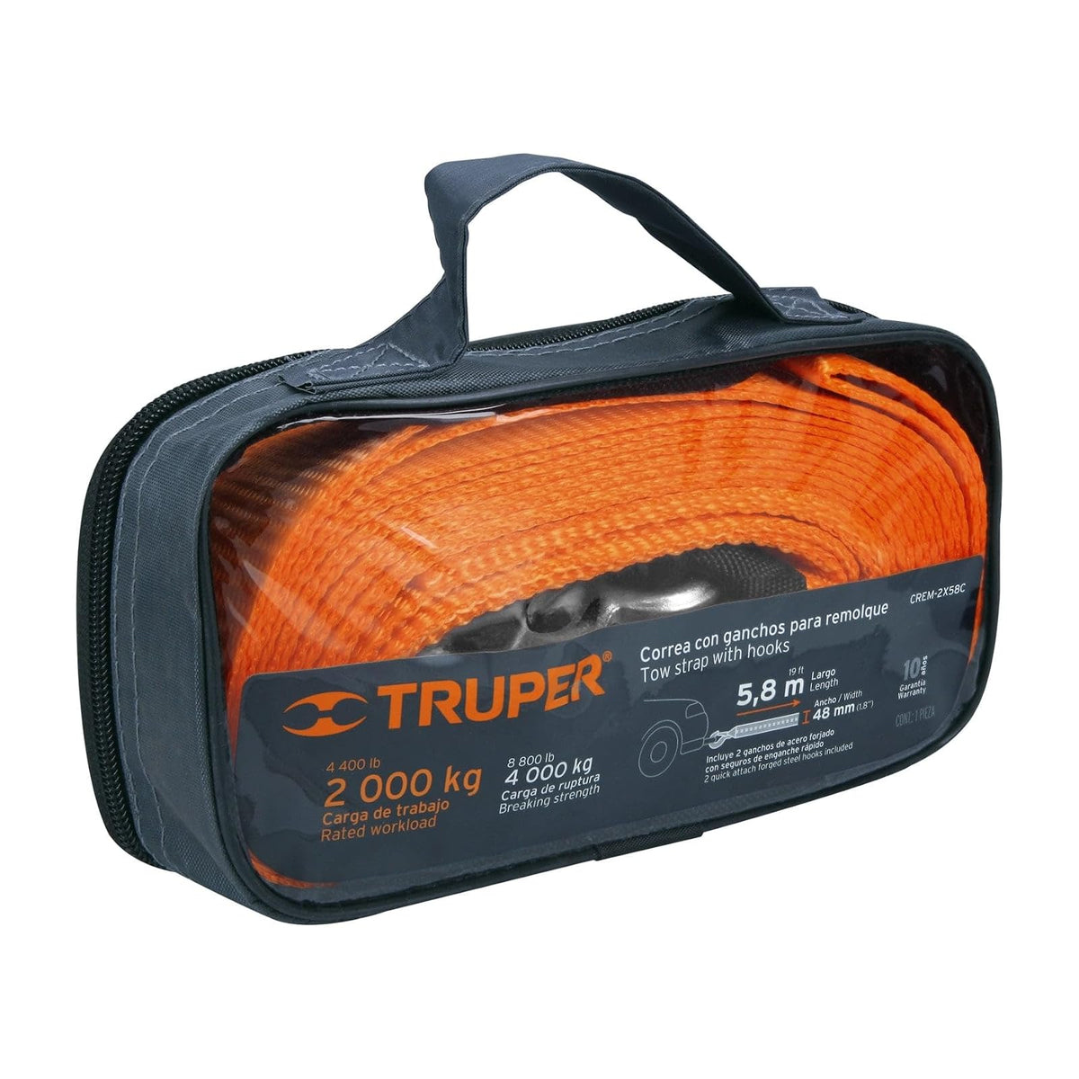 Truper CREM-2X58C, Correa para remolque con ganchos, 2" x 5.8m