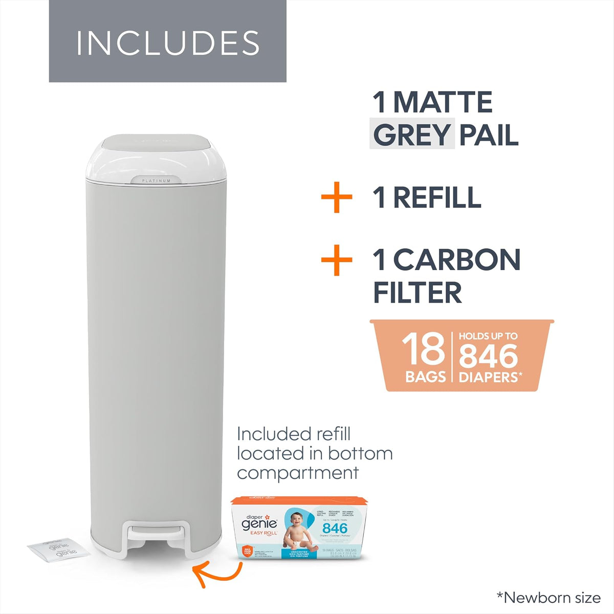 Diaper Genie Platinum Pail (gris piedra) está fabricado en acero inoxidable duradero e incluye 1 recambio de rollo fácil con 18 bolsas que pueden durar hasta 5 meses.