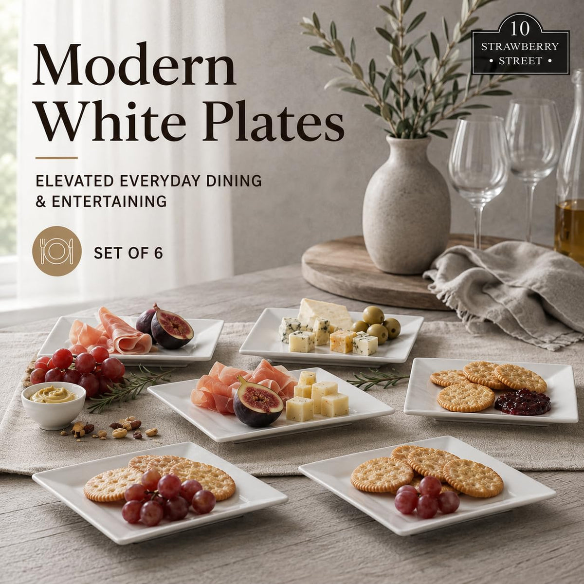 10 Strawberry Street Juego de 6 platos cuadrados de cerámica de fresa de 6 pulgadas, blanco, sólido, apto para lavaplatos, horno y microondas