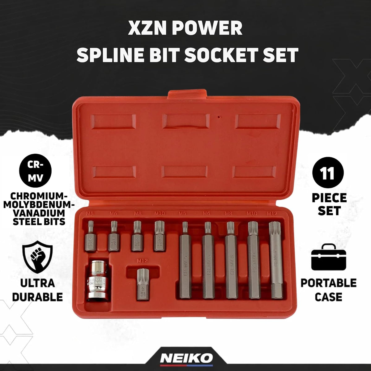 NEIKO 10078A XZN Juego de brocas de triple ranura cuadrada | 11 piezas largas y cortas | 12 puntos | Acero CrV