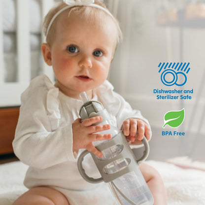 Dr. Brown's Milestones - Botella de paja estrecha para sorbos a prueba de derrames con asas 100% de silicona y popote con peso, 8 onzas/250 ml, gris, 6 m+