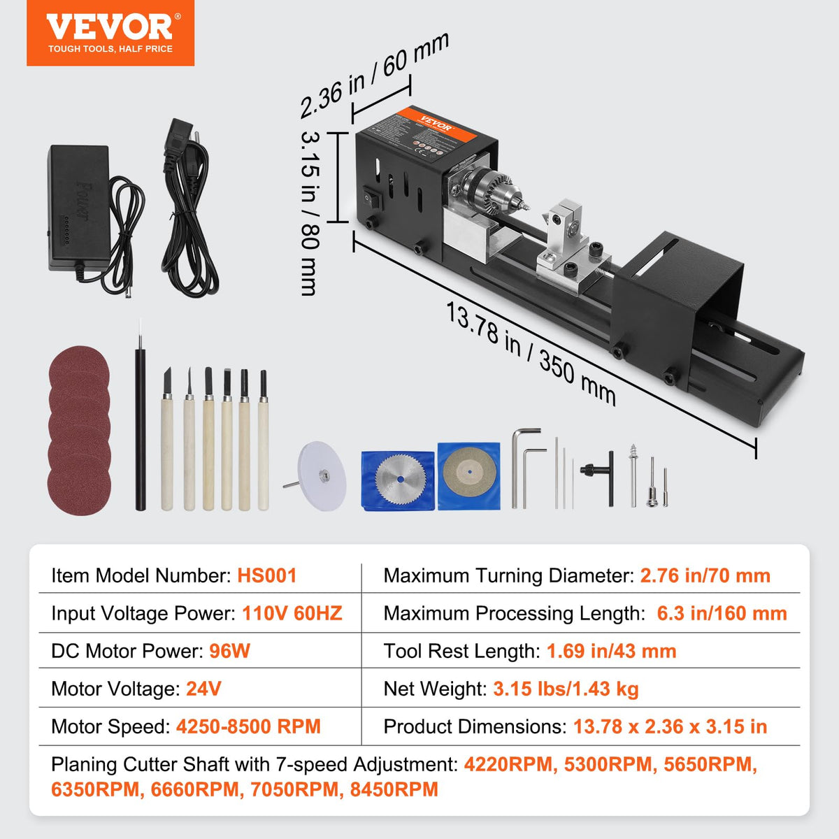 VEVOR Mini máquina de torno, 2.7 x 6.3 pulgadas, 24VDC 96W Mini herramientas de tornos de madera, accesorios de fresadora, 7 velocidades, 4220/5300/5650/6350/6660/7050/8450 RPM, para bricolaje