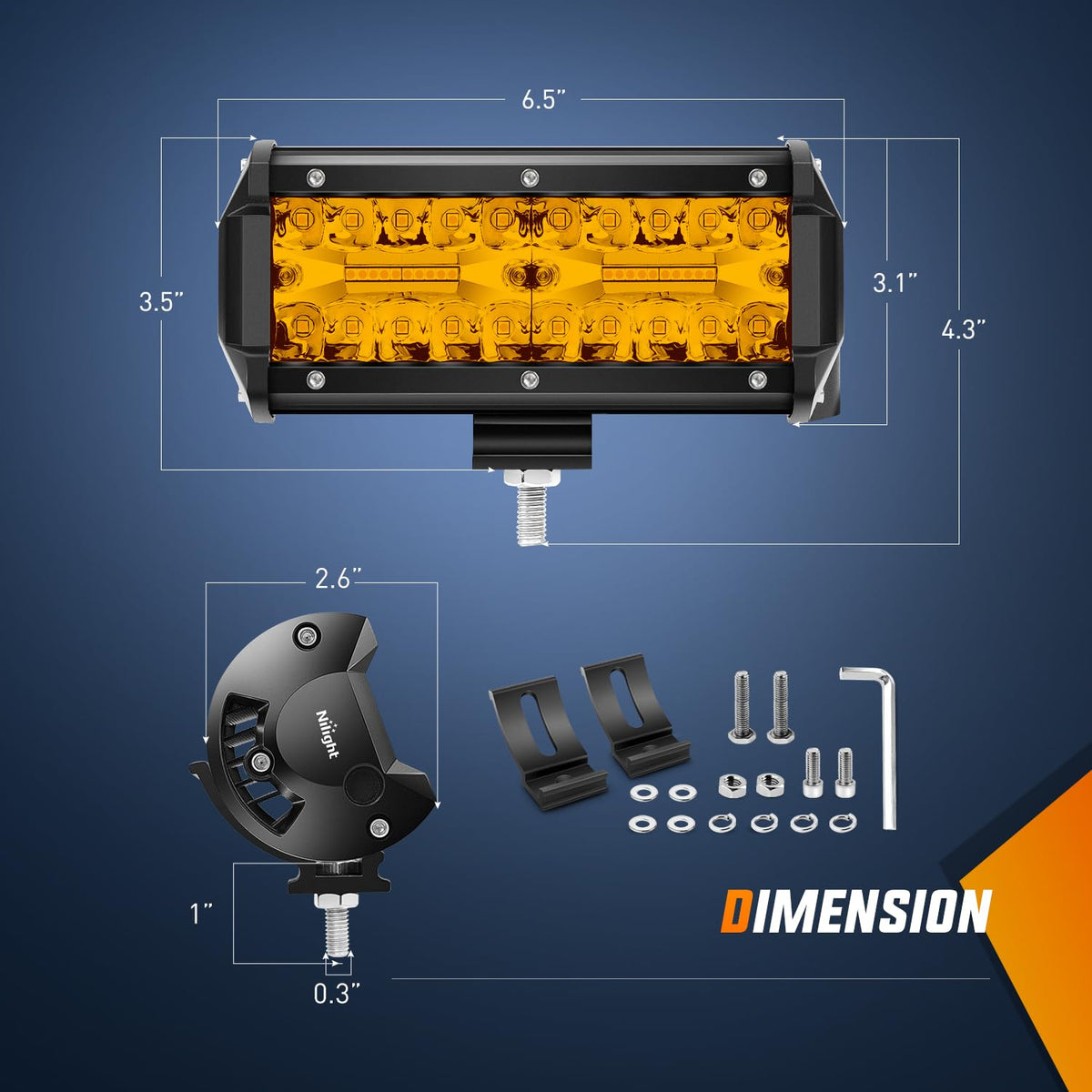 Nilight - Barra de luz LED de 6.5 pulgadas ámbar 120 W Combo de inundación de punto impermeable, triple fila, luces antiniebla todoterreno con 12 V 5 pines, kit de arnés de cableado de interruptor