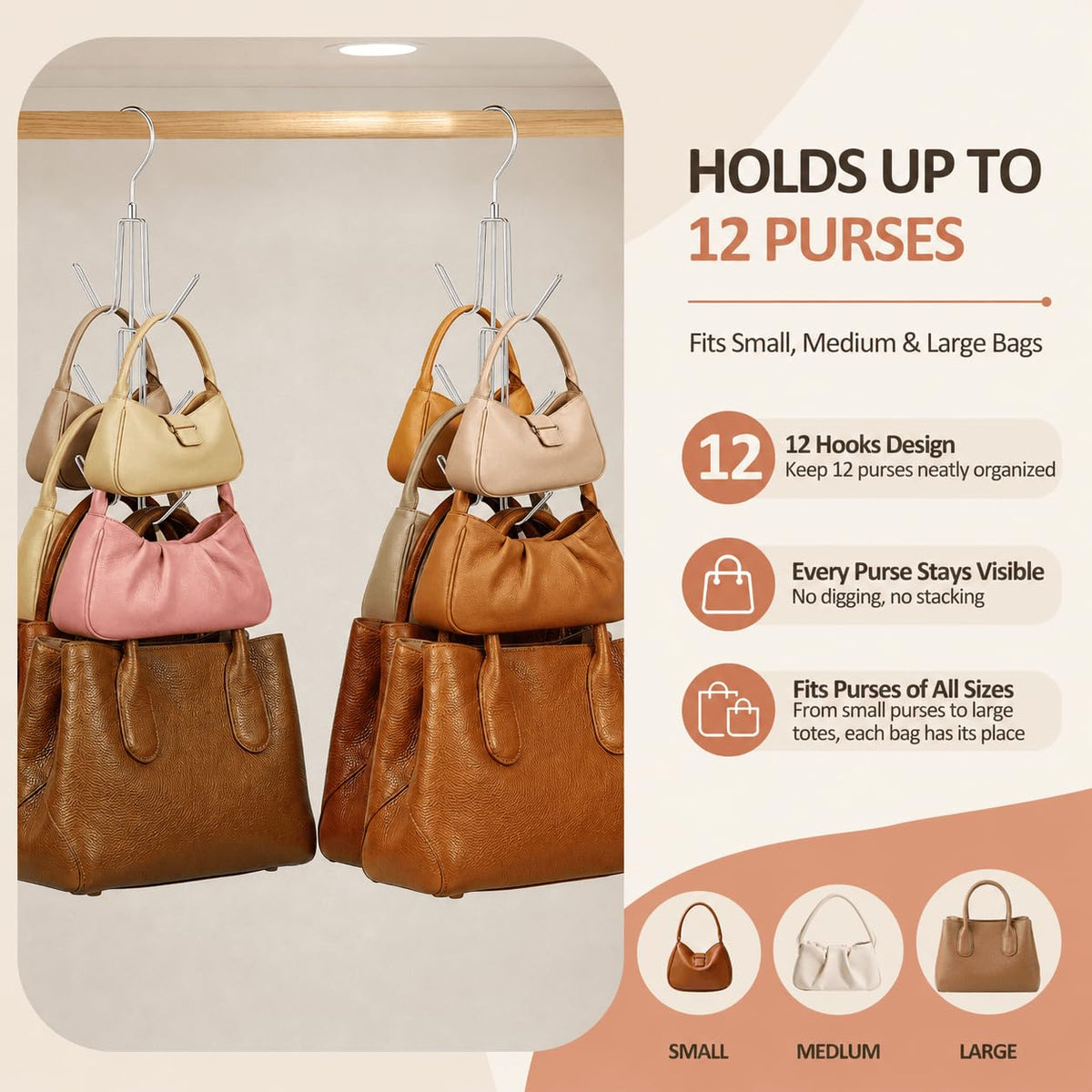 ZEDODIER Organizador para Colgar Bolsos para clóset, 2 Unidades de Soporte para Bolsas Colgantes, manteniendo los Bolsos visibles y en Buenas Condiciones, Gancho de Almacenamiento de Metal para Bolso