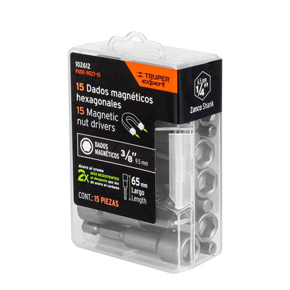 Truper Expert PUDE-9027-15, Estuche con 15 dados magnéticos de 3/8" largo 2-1/2"