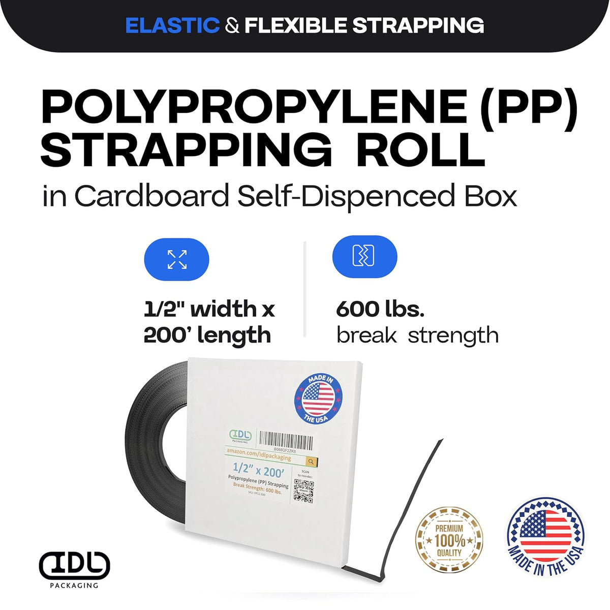 IDL Packaging PP12.600 Rollo de fleje de polipropileno (PP) de 1/2 pulgada x 200 pies, en caja dispensada, resistencia a la rotura de 600 libras - Correas de embalaje de bandas de polietileno