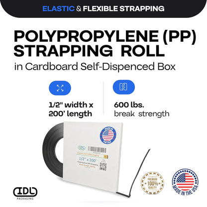 IDL Packaging PP12.600 Rollo de fleje de polipropileno (PP) de 1/2 pulgada x 200 pies, en caja dispensada, resistencia a la rotura de 600 libras - Correas de embalaje de bandas de polietileno