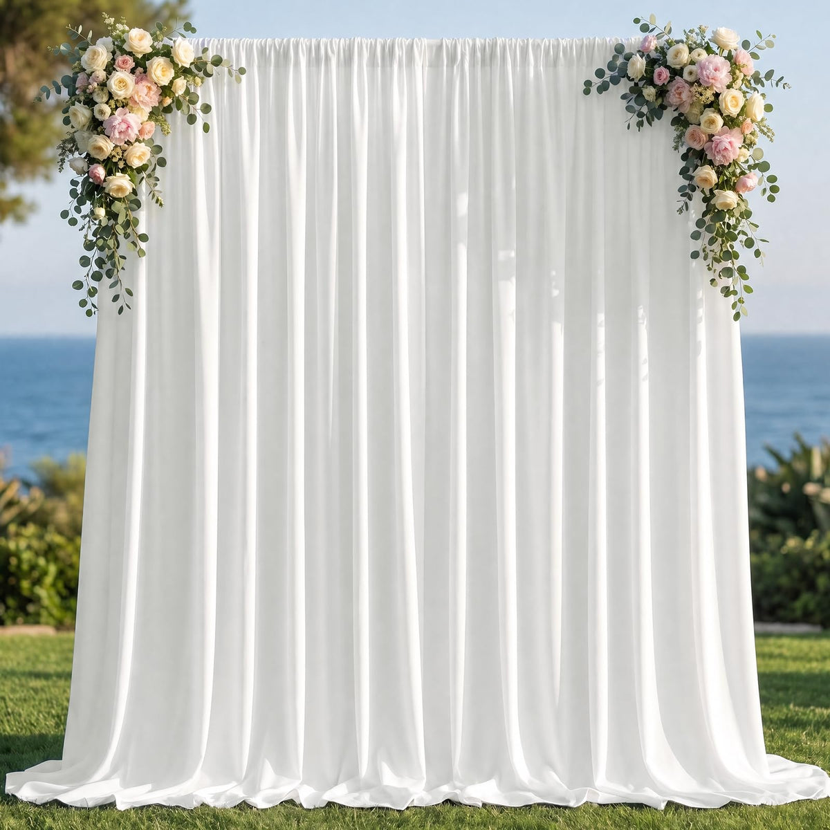 Joydeco - Cortinas de Fondo Blanco para Bodas, Fiestas, Cortinas de telón de Fondo para decoración de Boda, cumpleaños, Tela de poliéster sin Arrugas, 5 pies x 10 pies, 2 Paneles con Bolsillos para