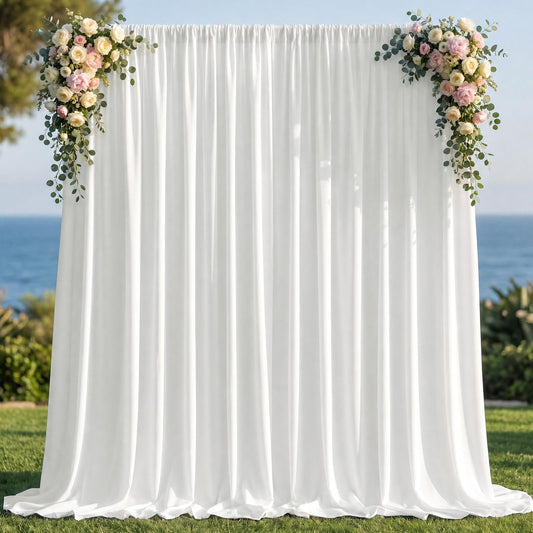Joydeco - Cortinas de Fondo Blanco para Bodas, Fiestas, Cortinas de telón de Fondo para decoración de Boda, cumpleaños, Tela de poliéster sin Arrugas, 5 pies x 10 pies, 2 Paneles con Bolsillos para