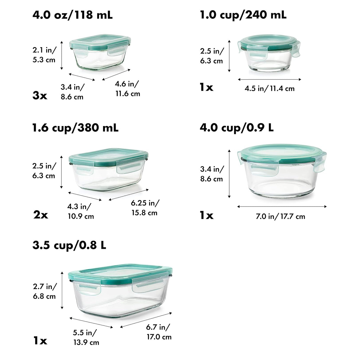 OXO Good Grips 16 Piece Glass Smart Seal Everyday Container Set | Recipiente de almacenamiento de alimentos con tapa, ideal para preparación de comidas y sobras, apto para congelador a horno