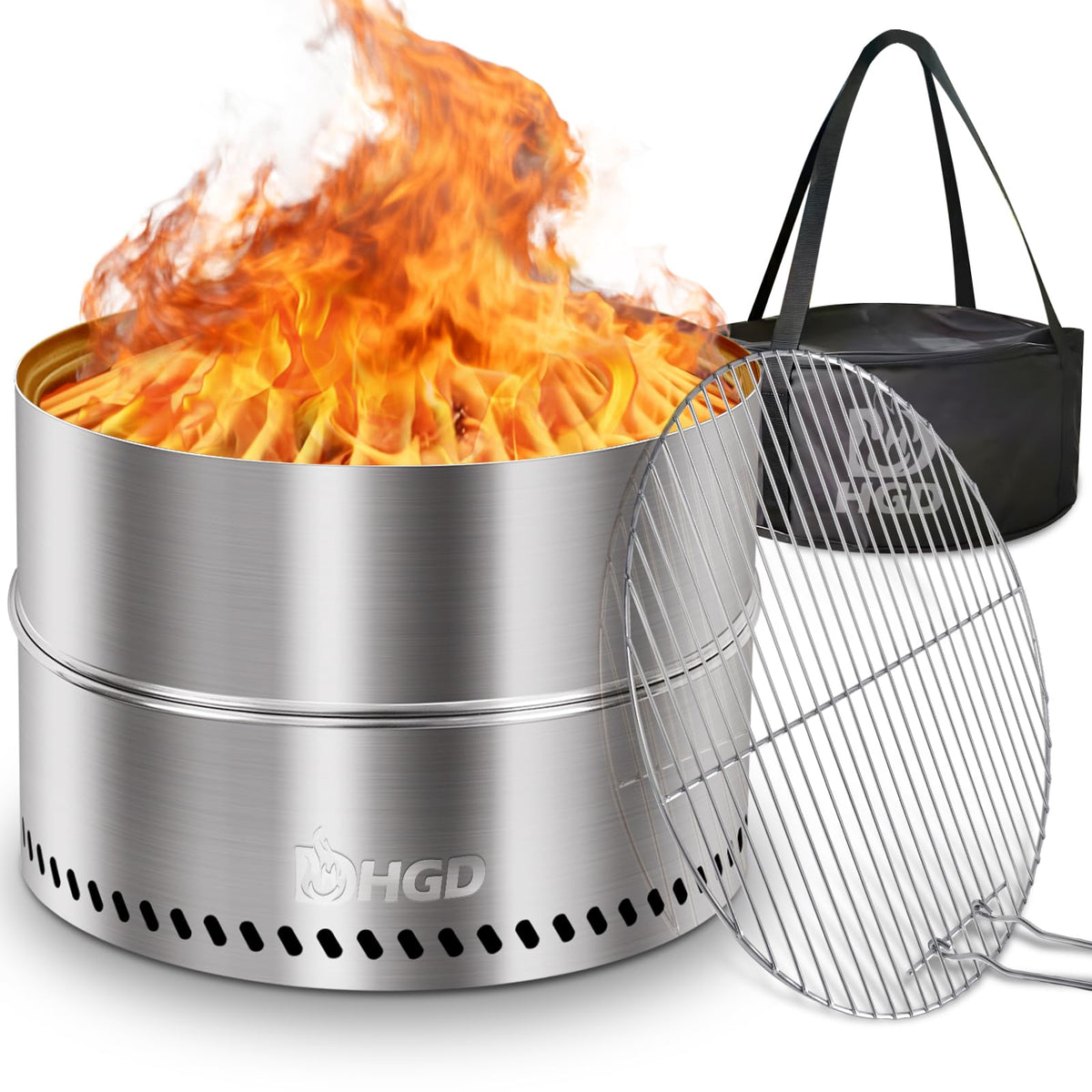 HGD - Chimenea sin Humo de 19.5 Pulgadas con Parrilla, fogata portátil de leña para Camping y Patio, Chimenea de Acero Inoxidable al Aire última intervensión con Bolsa de Viaje, fácil instalación y