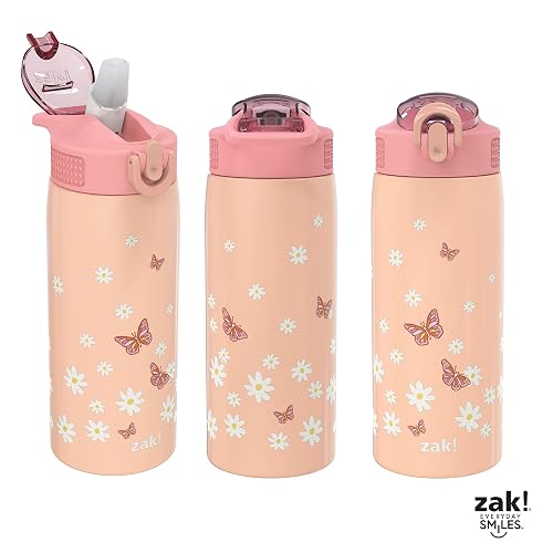 Zak Designs - Botella de agua para viajes y en casa, 19 onzas aislada al aspiradora de acero inoxidable con tapa de boquilla de bloqueo, bucle de transporte integrado, diseño a prueba de fugas
