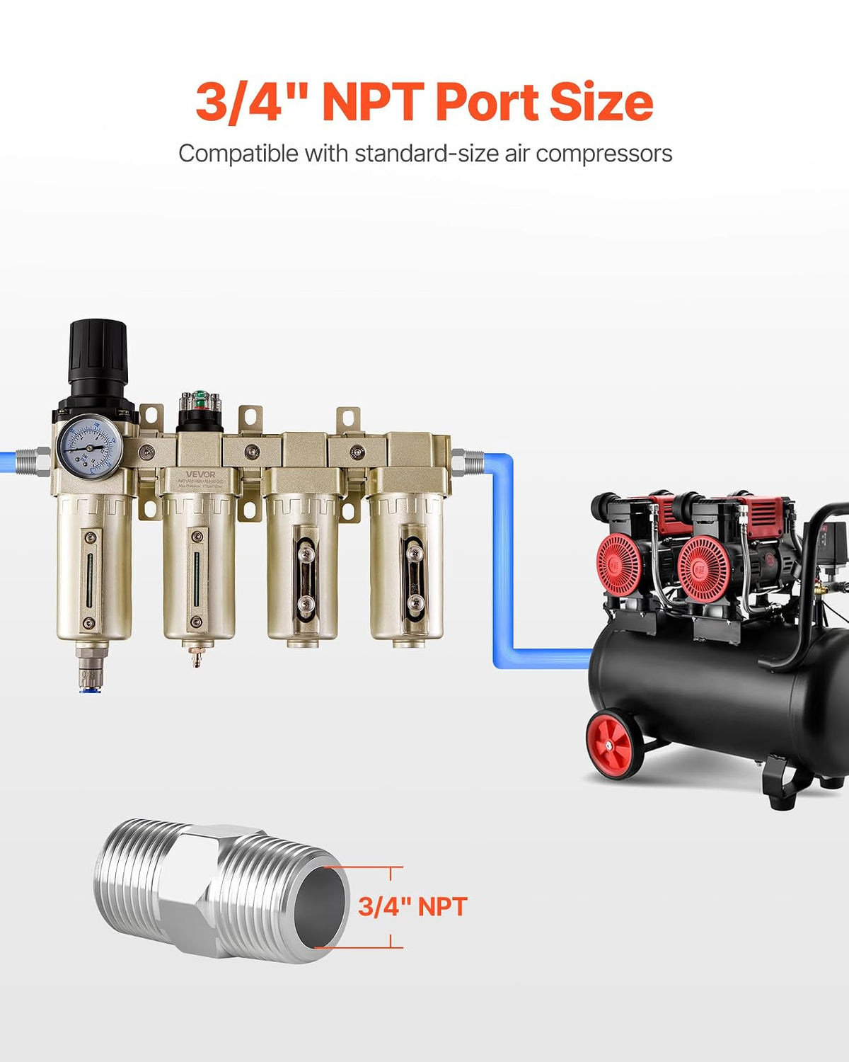 VEVOR Regulador de Filtro para Compresor de Aire, 3/4" NPT, 4 Etapas, 5 μm, 0,3 μm, 0,1 μm y 0,1 μm. Sistema de Secado de Aire con Filtros de Micras y Secador Desecante Doble, Drenaje Automático