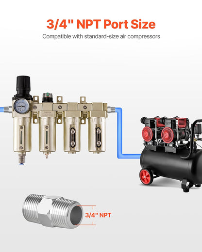 VEVOR Regulador de Filtro para Compresor de Aire, 3/4" NPT, 4 Etapas, 5 μm, 0,3 μm, 0,1 μm y 0,1 μm. Sistema de Secado de Aire con Filtros de Micras y Secador Desecante Doble, Drenaje Automático