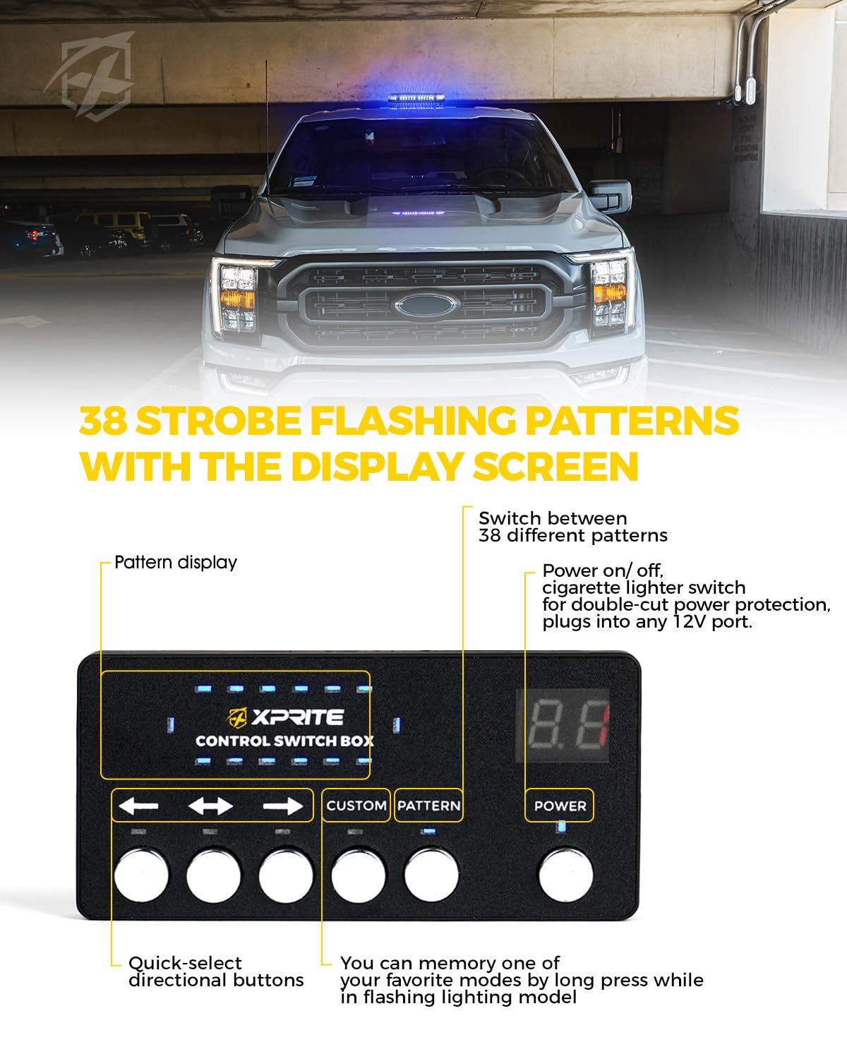 Xprite - Luces LED azules para techo, luz estroboscópica, base magnética, advertencia de peligro, tráfico, precaución, barra de luz policial, 38 modos de parpadeo, controlador, para camiones, bomberos