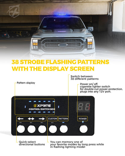 Xprite - Luces LED azules para techo, luz estroboscópica, base magnética, advertencia de peligro, tráfico, precaución, barra de luz policial, 38 modos de parpadeo, controlador, para camiones, bomberos