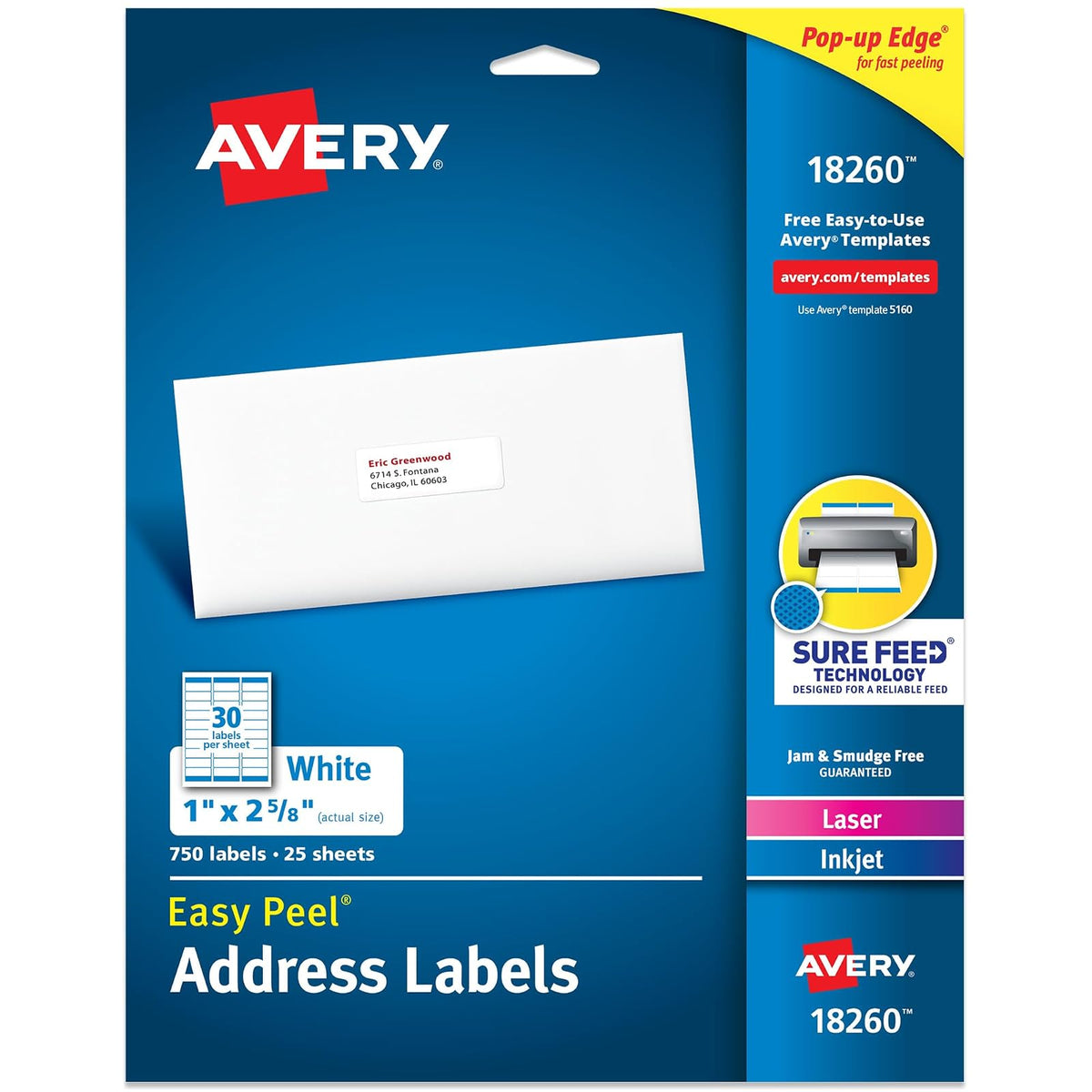 Avery Easy Peel - Etiquetas de dirección imprimibles con alimentación segura, pegatinas personalizables de 1 x 2-5/8 pulgadas, blancas, 750 etiquetas de correo en blanco, ideales para correo, envío y