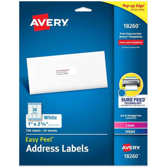 Avery Easy Peel - Etiquetas de dirección imprimibles con alimentación segura, pegatinas personalizables de 1 x 2-5/8 pulgadas, blancas, 750 etiquetas de correo en blanco, ideales para correo, envío y