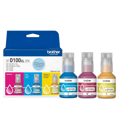 Brother Impresora Multifuncional 3 en 1 Inyección DCP-T536DW | Paquete de Botellas de tintas Color Negro BTD100BK | Botellas de tintas Color Cian, Magenta y Amarillo BTD100CL3PK