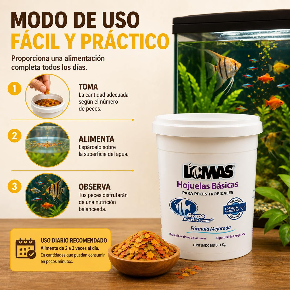 Lomas Alimento en Hojuelas para Peces Tropicales 1 kg, Fórmula con Vitamina C, Realza Colores y Apoya el Sistema Inmune
