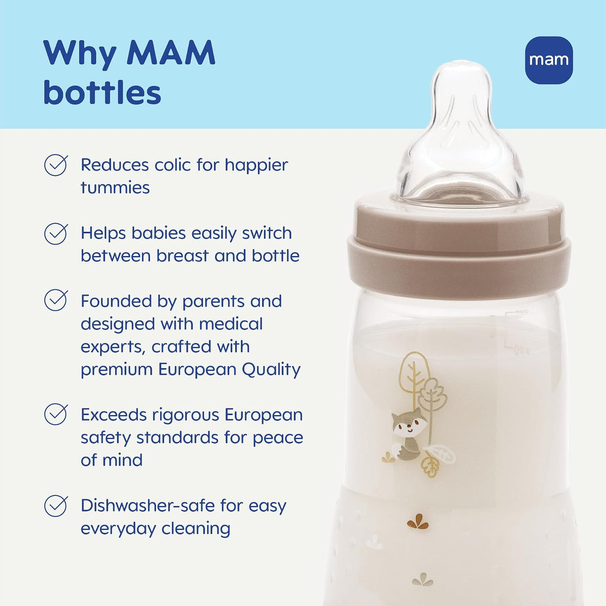 MAM - Biberones anticólicos de fácil inicio de 9 onzas, flujo medio con 2 pezones adicionales (flujo rápido y extra rápido), reduce los cólicos, gas y reflujo, fáciles de limpiar, sin BPA, 2 meses más