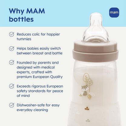 MAM - Biberones anticólicos de fácil inicio de 9 onzas, flujo medio con 2 pezones adicionales (flujo rápido y extra rápido), reduce los cólicos, gas y reflujo, fáciles de limpiar, sin BPA, 2 meses más
