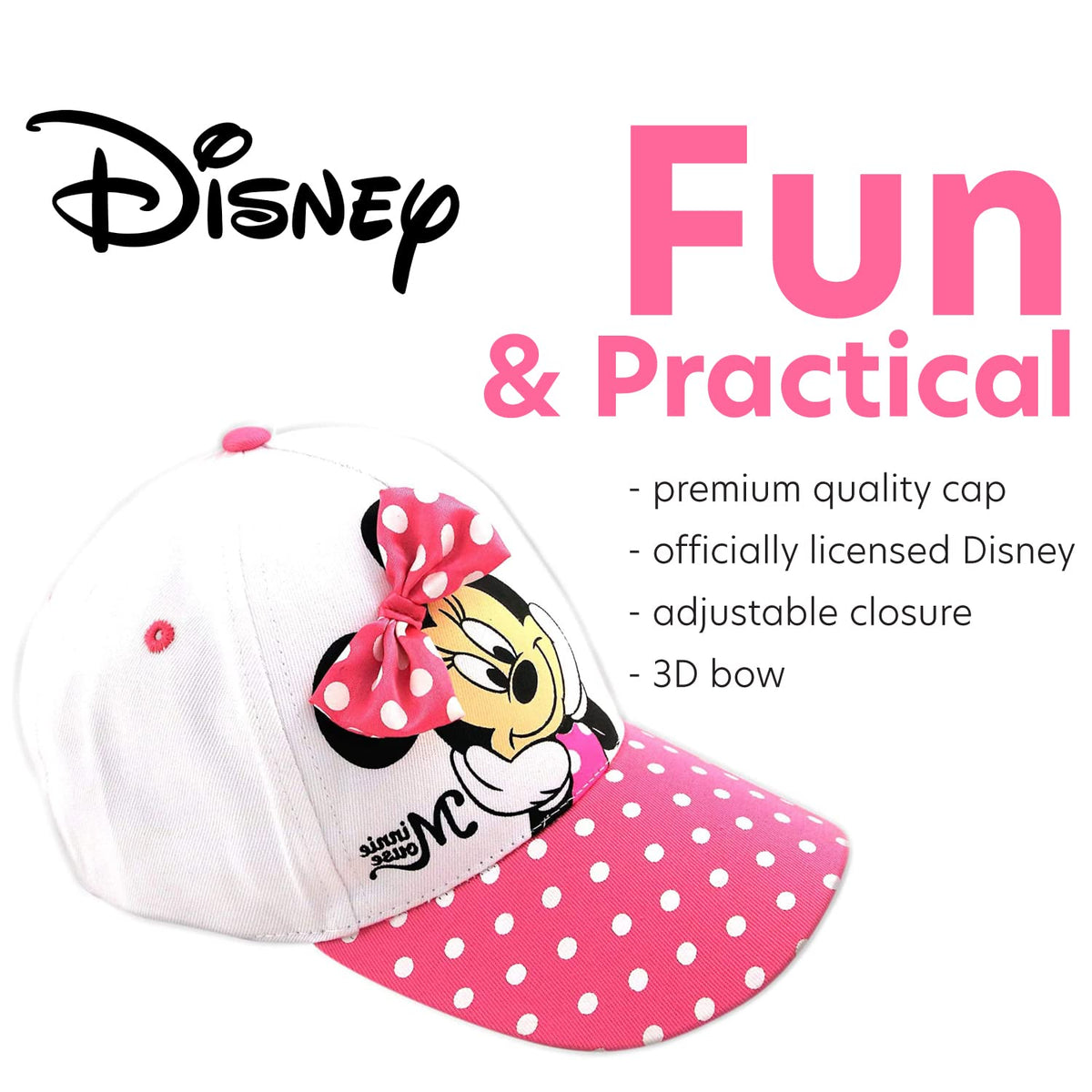 Disney - Gorra de béisbol de Minnie Mouse para niñas, diseño de Lazo 3D con ala Curvada y Correa Trasera (4-7)