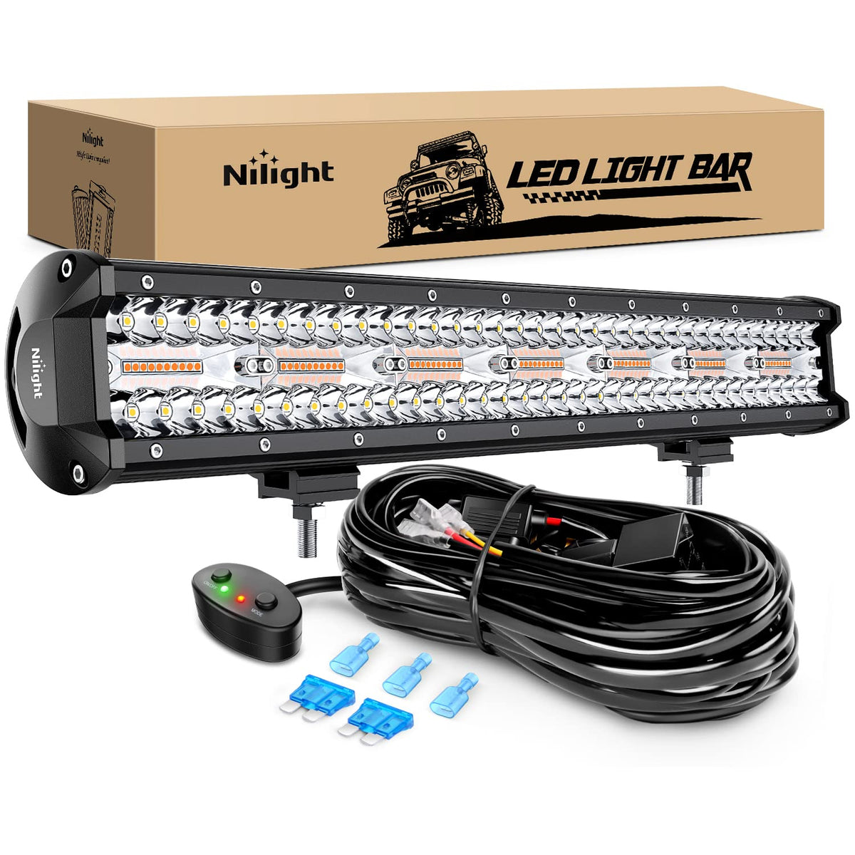 Nilight Barra de Luz LED 20 Pulgadas 420W Spot Flood Ámbar Blanco Estroboscópico 6 Modos Off-Road Truck ATV SUV