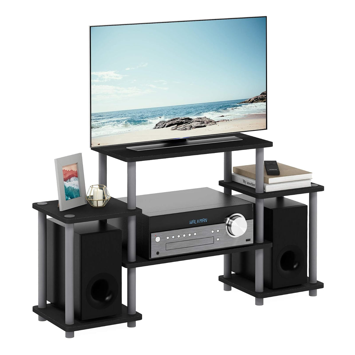 Furinno 11257BK/GY No Tools Tube Entertainment Center, Negro/Gris