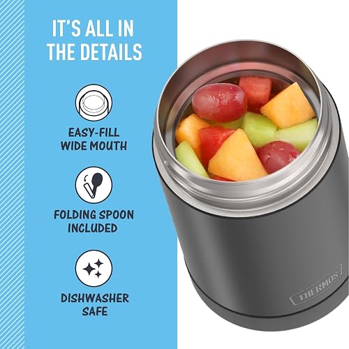 THERMOS FUNTAINER - Tarro aislado para alimentos, 16 onzas, termo apto para niños, con cuchara plegable, carbón mate