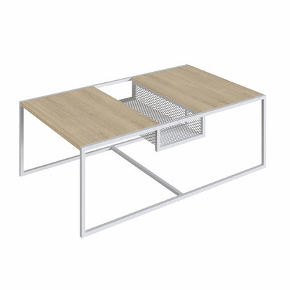 TUGOW Alterego Mesa de Centro Noemi Rectangular Color Blanco y Madera con 2 Tableros y Estructura Metálica de Acero MDP
