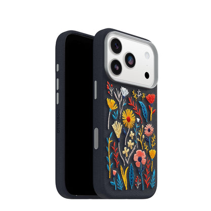 OtterBox - Funda de Piel Bordado para iPhone 17 Pro Symmetry Series | Funda para iPhone MagSafe con diseño bordado de jardín encantado azul, texturizado, bordado floral artístico