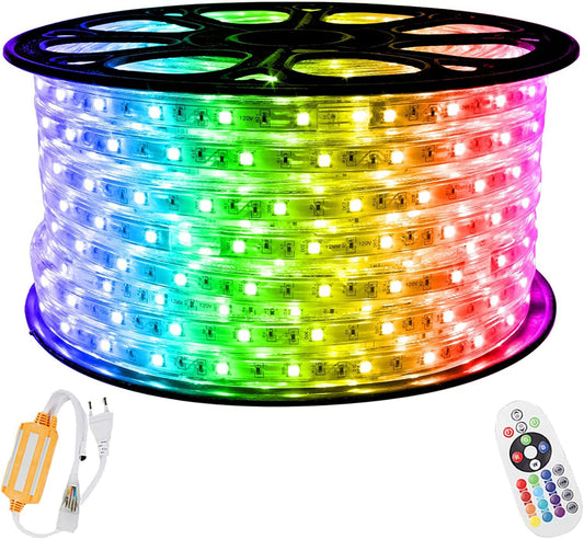 Dosyu Tira de Luces LED RGB,25M/82ft 5050 Chip Cuerda Kit de Luz Impermeable, AC 110-120V Flexible/Multicolor/Regulable Cuerda de luz LED con Control Remoto Luz para Navidad Decoración