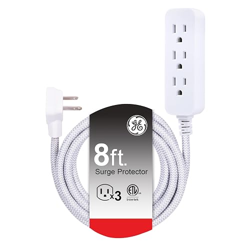 GE Pro Tira Multicontactos De 3 Salidas con Supresor de Picos, Enchufe Plano, Cable De Extensión Trenzado De 2.4 m (8 Pies) 250 Julios, Conectado a Tierra Certificacion UL, Blanco/Gris, 1 Unidad 38433