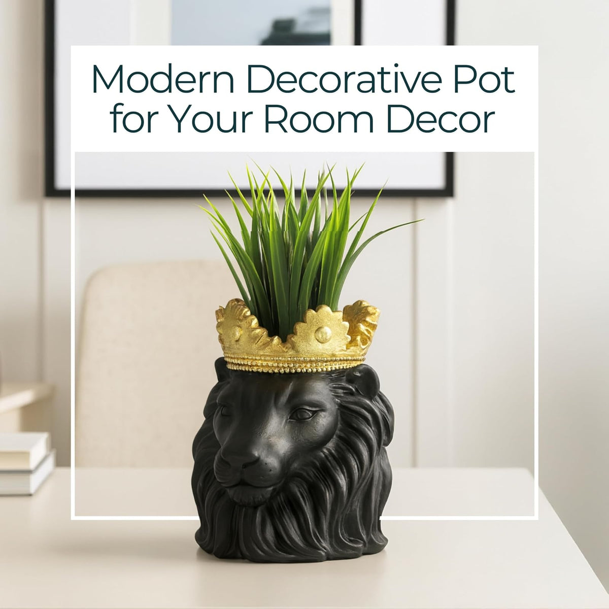 Sagebrook Home Maceta de Resina con Cabeza de león y Corona Dorada Maceta Decorativa de poliresina para el hogar y el jardín 9 x 7 x 9 Pulgadas Negra