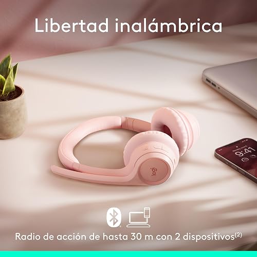Logitech Zone 300, Auriculares con micrófono Bluetooth inalámbricos, compatibles con Windows, Mac, Chrome, Linux, iOS, iPadOS, Android – Rosa