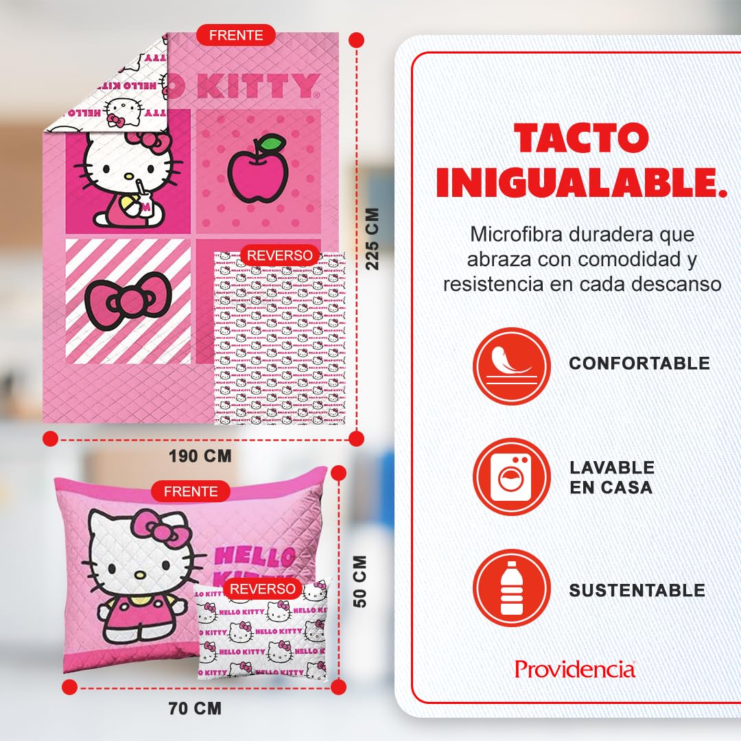 Providencia Edrecolcha Matrimonial 1.90 x 2.25 m con 2 Fundas para Almohada 70 x 50 cm. Hello Kitty. Mezcla Ideal Entre edredón y Colcha. Súper Suave, sin Calor. Lava fácil. Poliéster