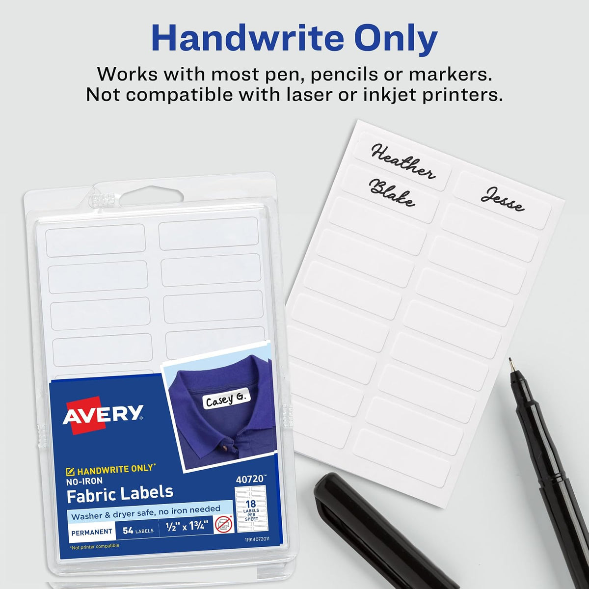 Avery - Etiquetas de tela sin planchar, 1/2 x 1-3/4 pulgadas, aptas para lavadora y secadora, color blanco, no imprimible, 54 etiquetas por paquete, 108 en total (2 unidades de 40720)